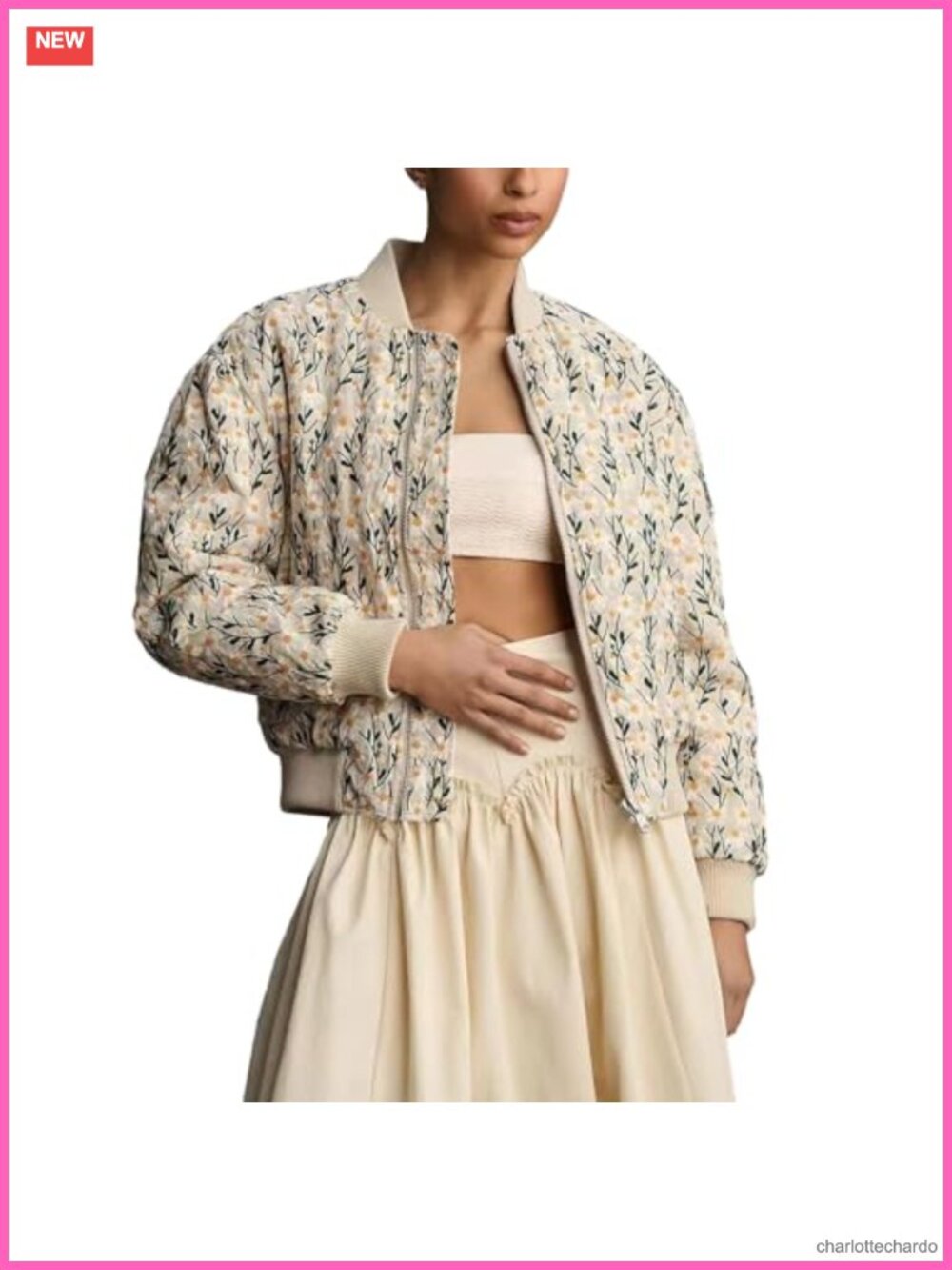 Cropped Embroidered Daisy Bomber Jacket Long Sleeve Quilted Puffer Padded